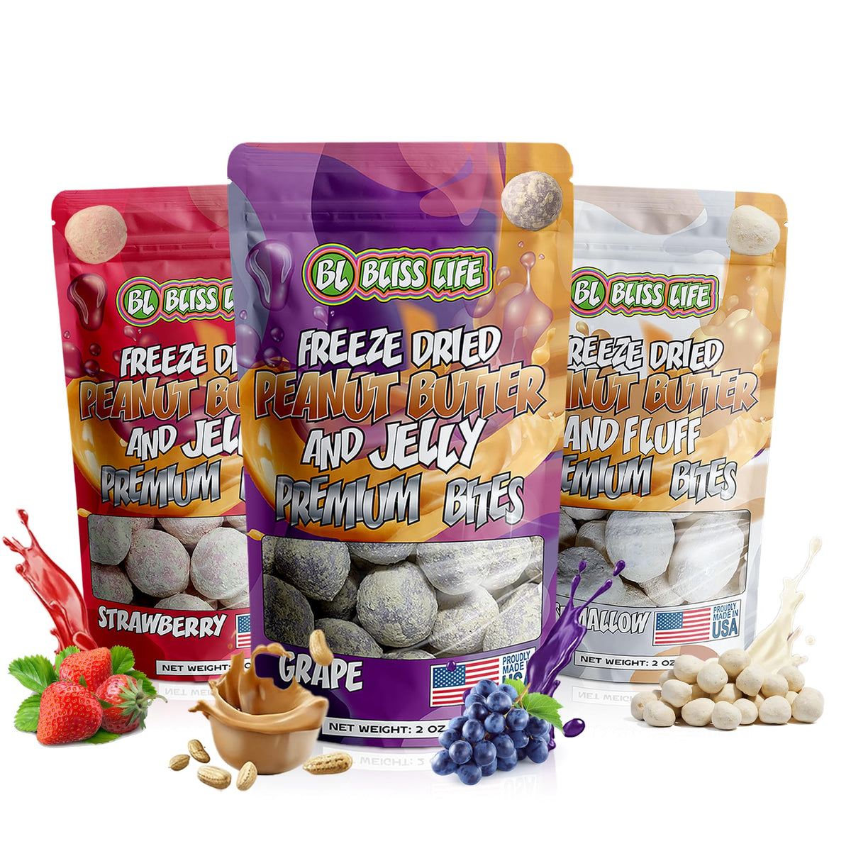 Bliss Life Premium PB&J Bites strawberry front view, crisp energy for on the go