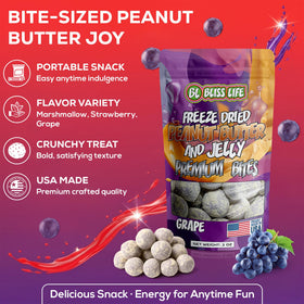 Bliss Life Premium PB&J Bites trio pack back view showing three flavors