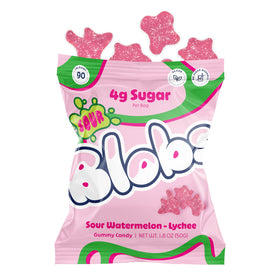 Blobs Sour Gummy pack front showing vibrant Watermelon Lychee flavor and low sugar profile