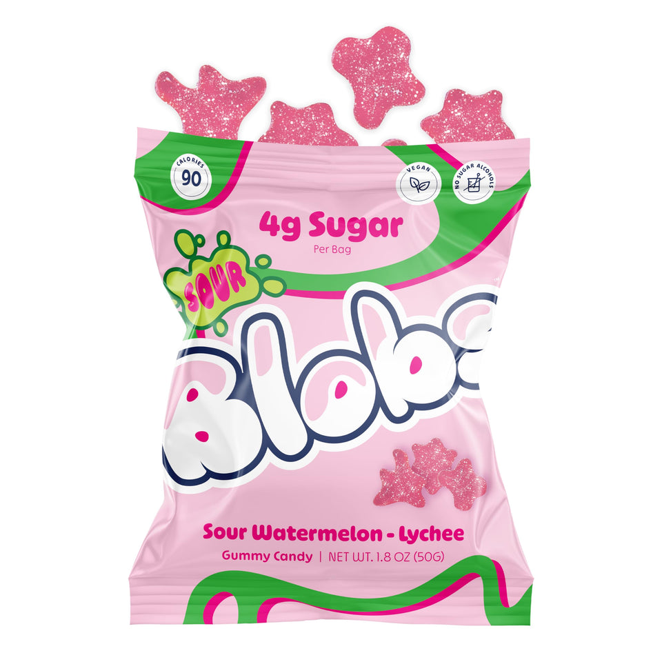 Blobs Sour Gummy pack front showing vibrant Watermelon Lychee flavor and low sugar profile