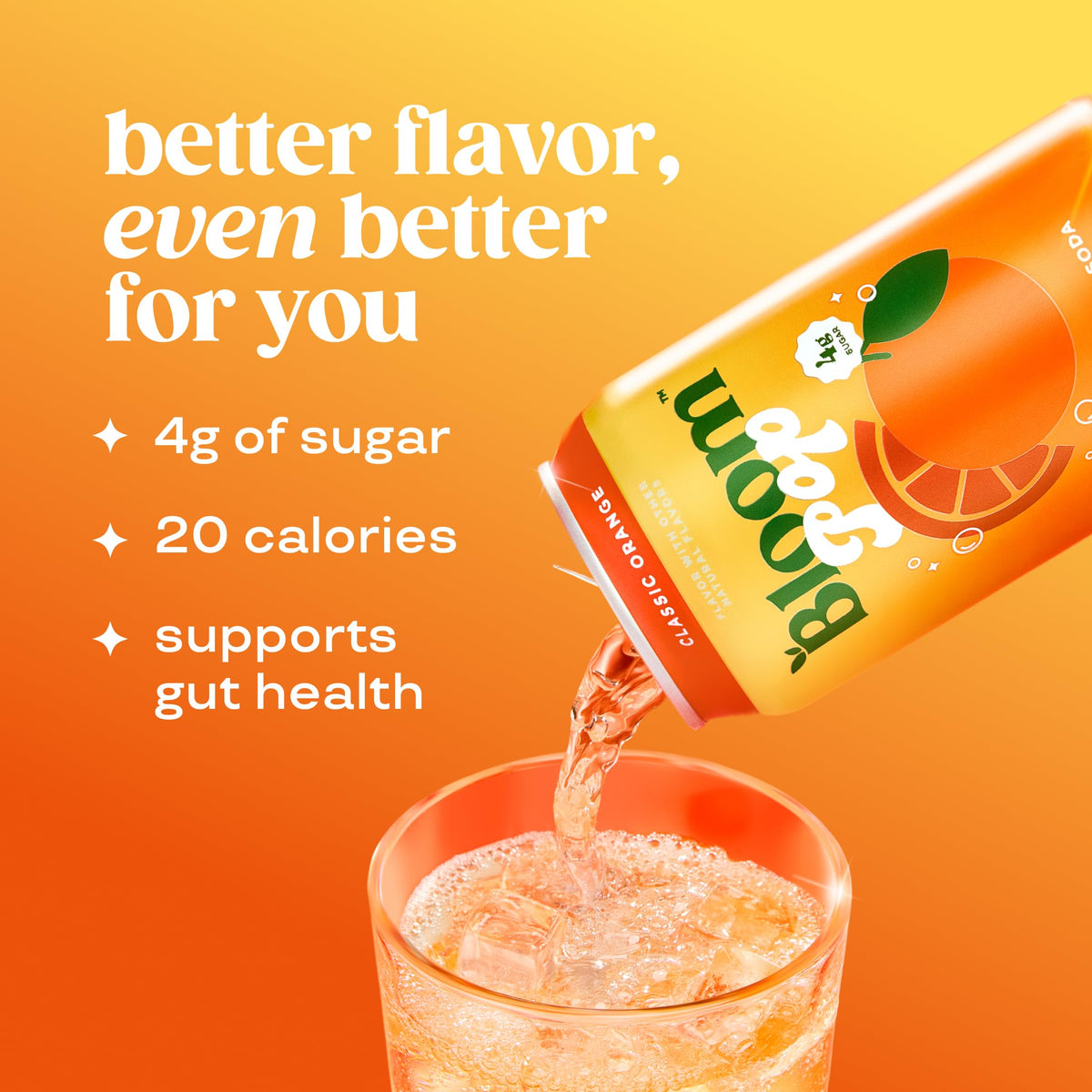 Close-up of Bloom Pop Classic Orange label highlighting the prebiotic blend.