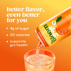Close-up of Bloom Pop Classic Orange label highlighting the prebiotic blend.