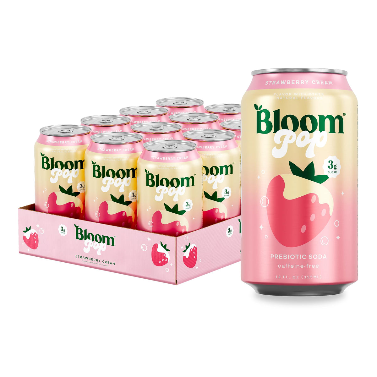 Bloom Pop Strawberry Cream can close-up, showing vibrant fizz for a refreshing, healthier soda option.