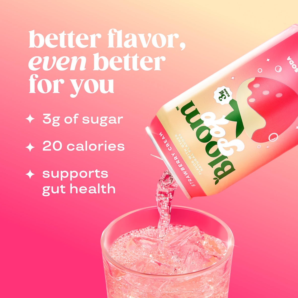 Bloom Pop Strawberry Cream can with straw, easy, caffeine-free refreshment for on-the-go moments.