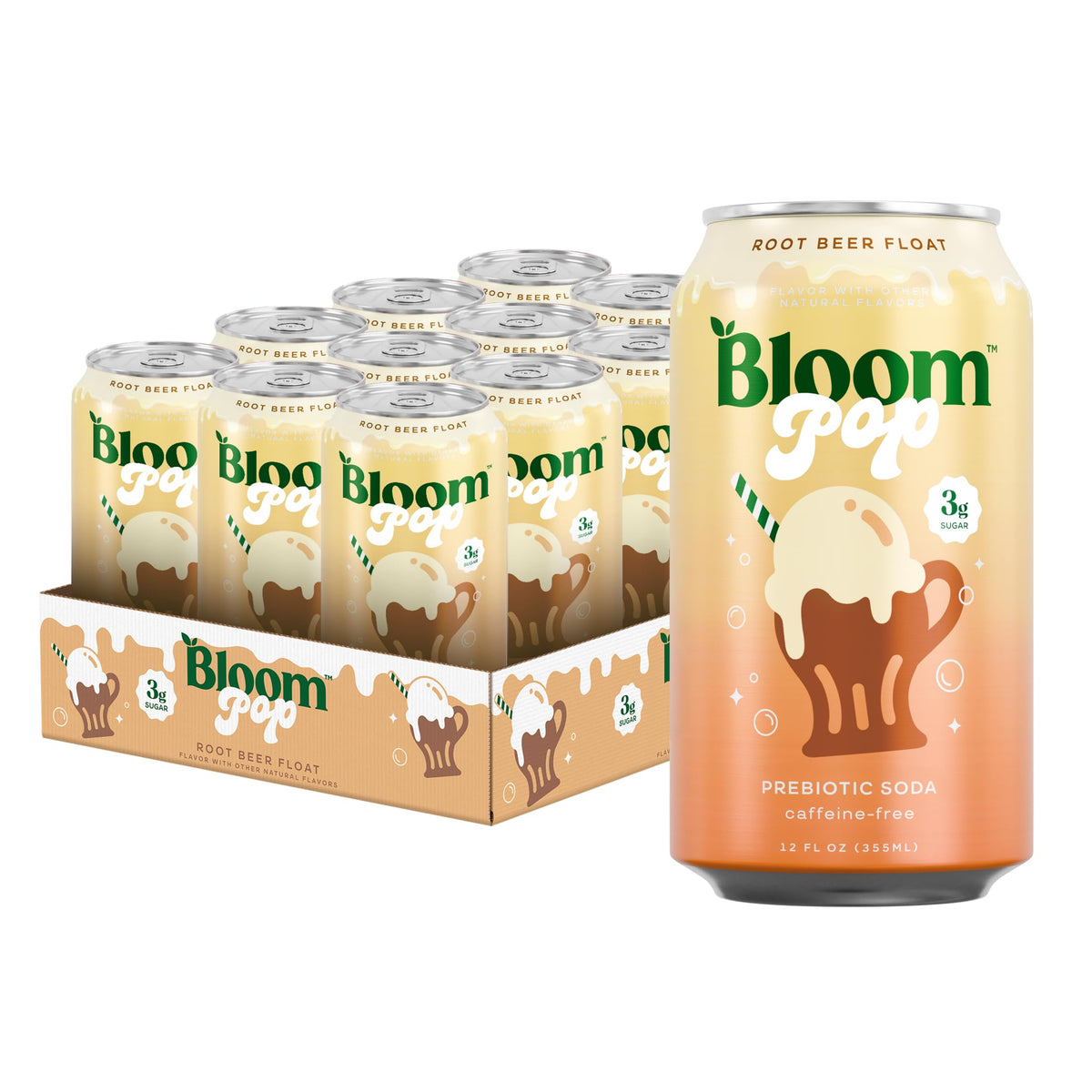 Bloom Nutrition Pop Soda can front view with clean ingredients and prebiotic appeal.