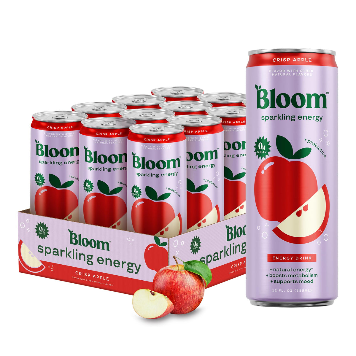 Bloom Nutrition Sparkling Energy Drink Crisp Apple can front view highlights zero sugar and bold flavor