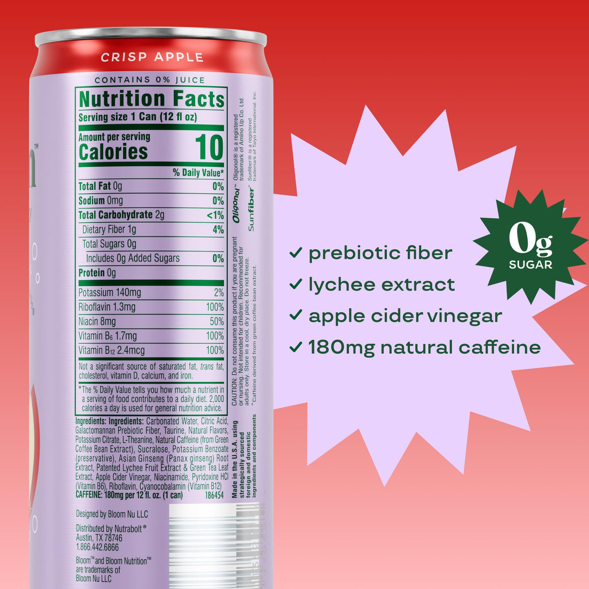 Bloom Nutrition Sparkling Energy Drink Green Tea Extract label shot showcases focus-supporting antioxidants