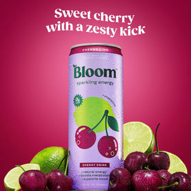 Fizzy close-up of Bloom Sparkling Energy Cherry Lime showing vibrant bubbles