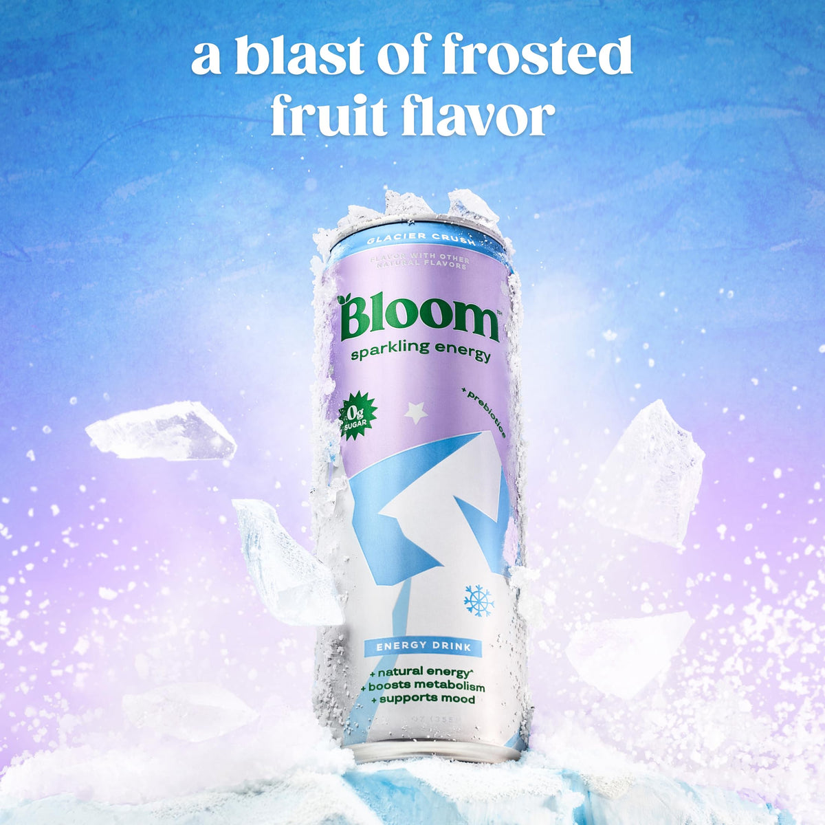 Bloom Nutrition Sparkling Energy Glacier Crush closeup can showing refreshing color and label