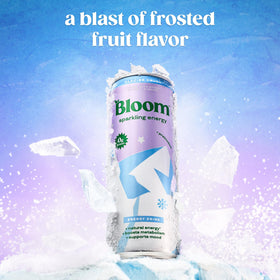 Bloom Nutrition Sparkling Energy Glacier Crush closeup can showing refreshing color and label