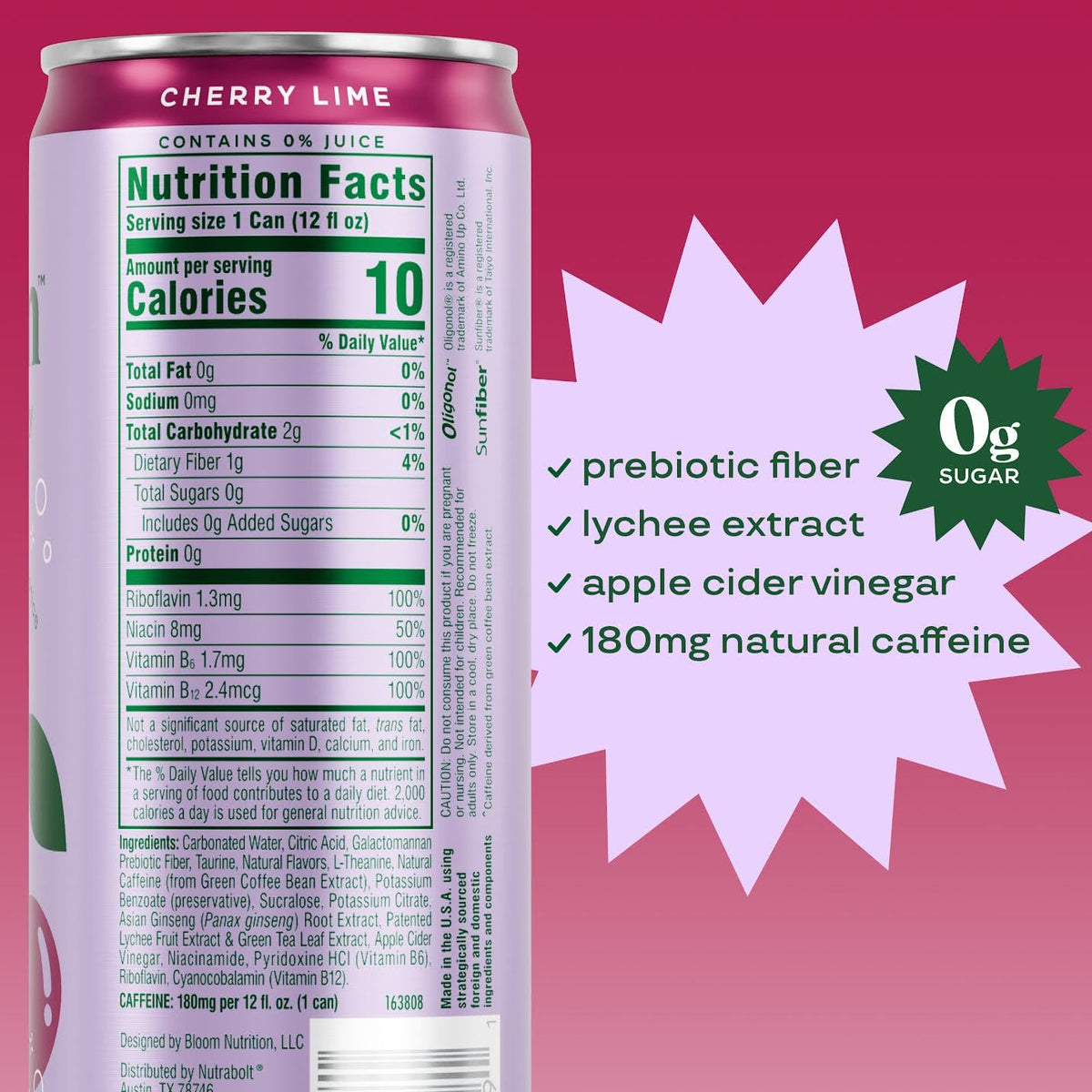 Ingredients label features prebiotics, green tea extract, and natural caffeine