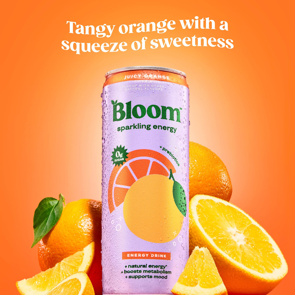 Bloom Nutrition Sparkling Energy Orange can closeup highlights zero sugar and refreshing flavor.