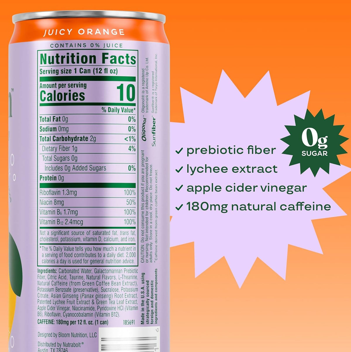 Bloom Nutrition Sparkling Energy Orange label detail shows vegan and gluten-free formulation.