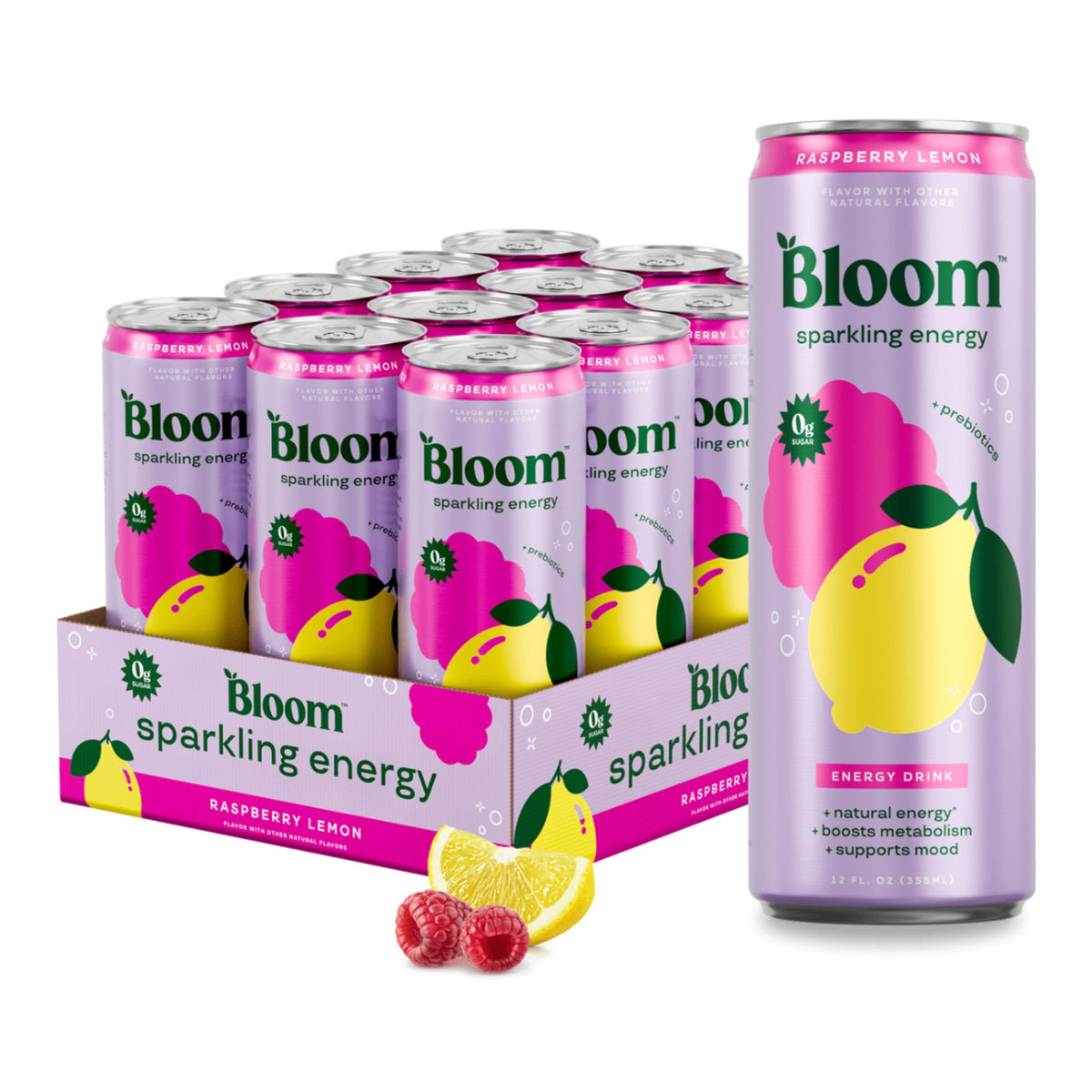 Bloom Nutrition Sparkling Energy Raspberry Lemon can, refreshing focus boost with natural caffeine