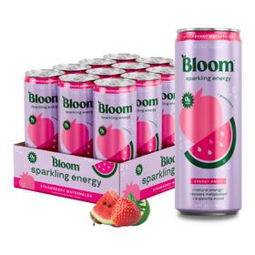 Bloom Nutrition Sparkling Energy Strawberry Watermelon can showing zero sugar and bright fruit flavor.