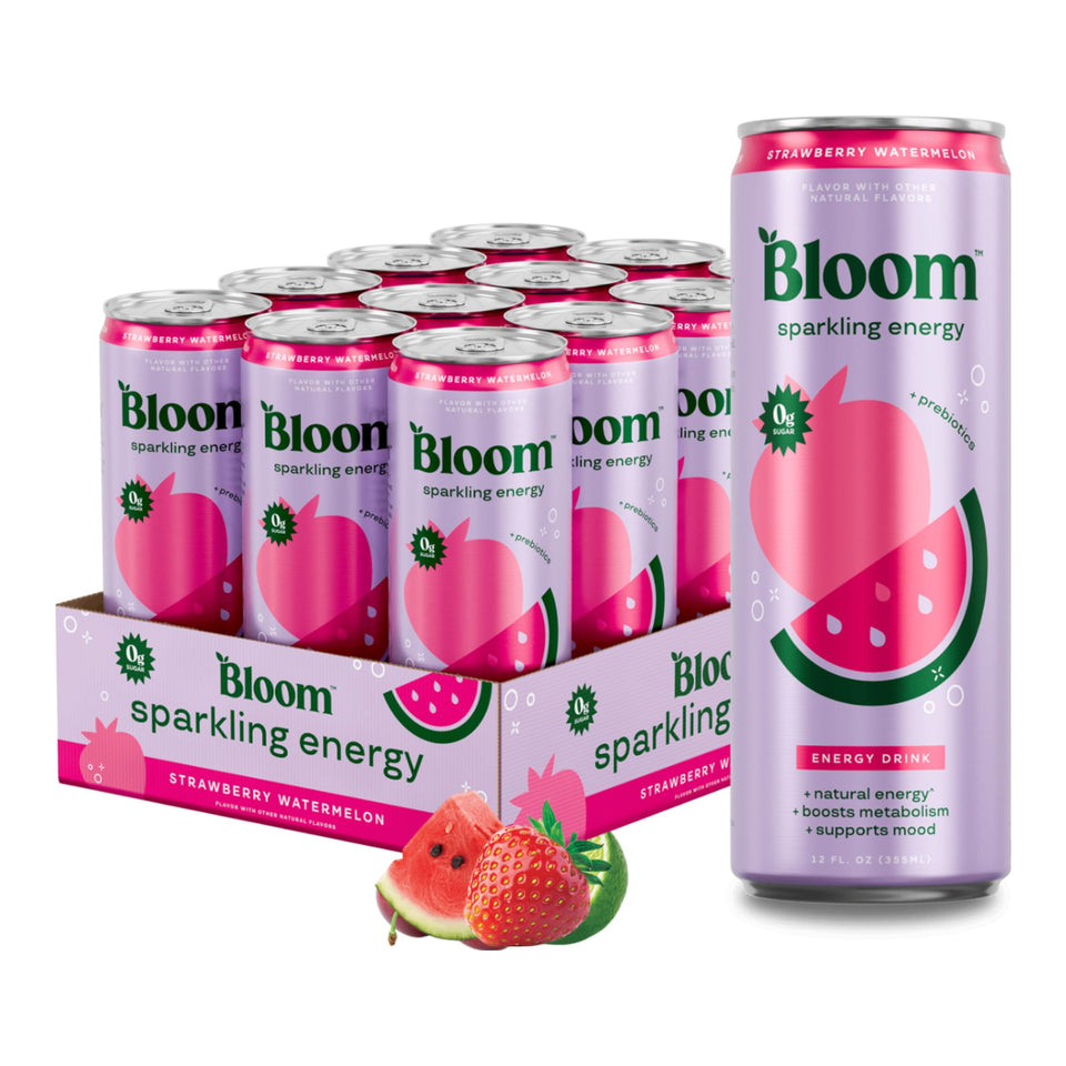Bloom Nutrition Sparkling Energy Strawberry Watermelon can showing zero sugar and bright fruit flavor.