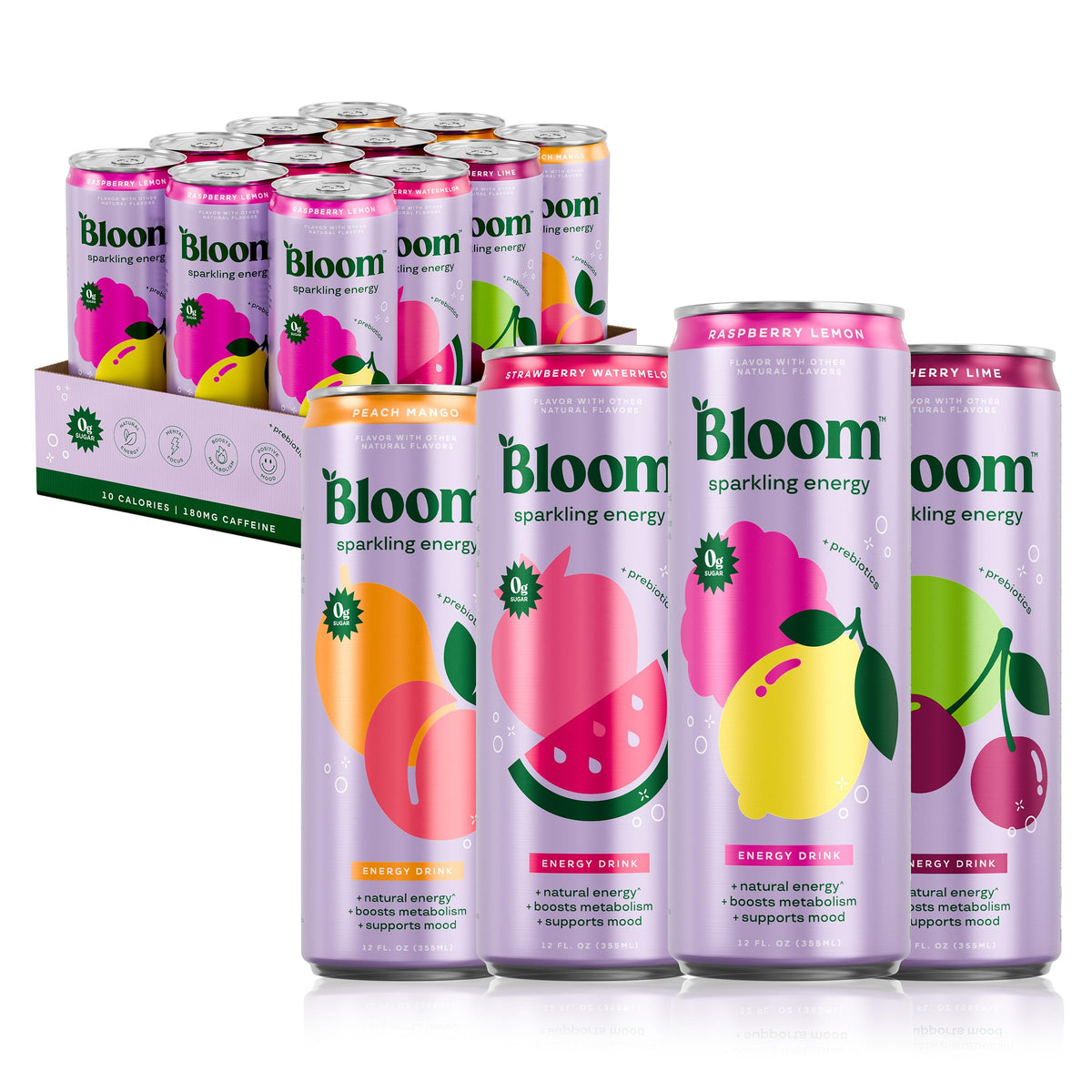 Bloom Nutrition Sparkling Energy Variety Pack cans for zero-sugar daytime energy