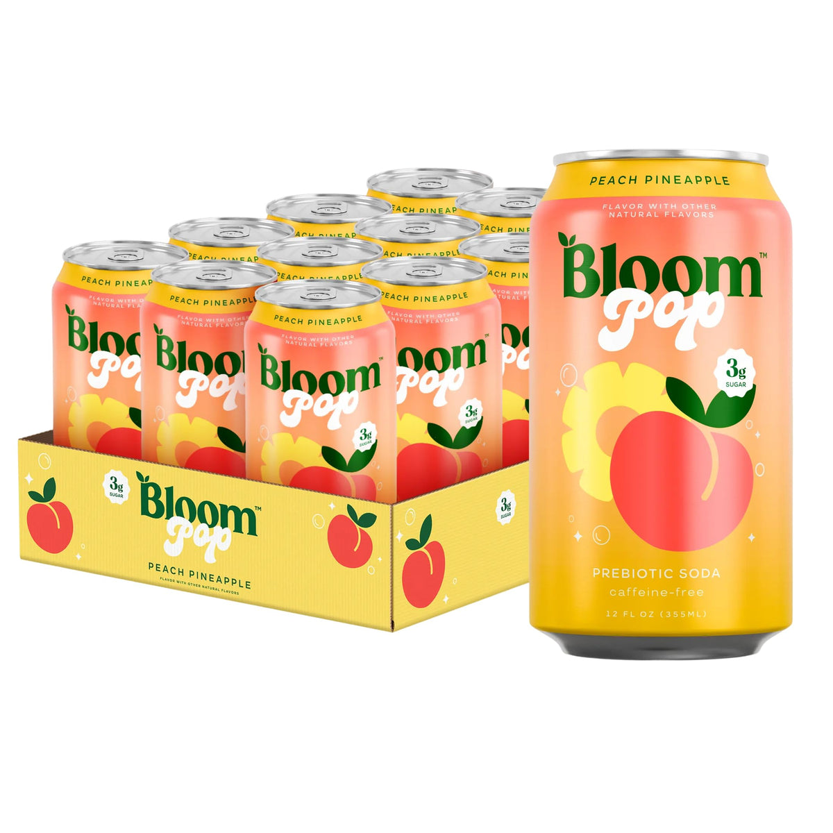 Bloom Pop prebiotic soda 12-pack peach pineapple packshot, low-calorie appeal