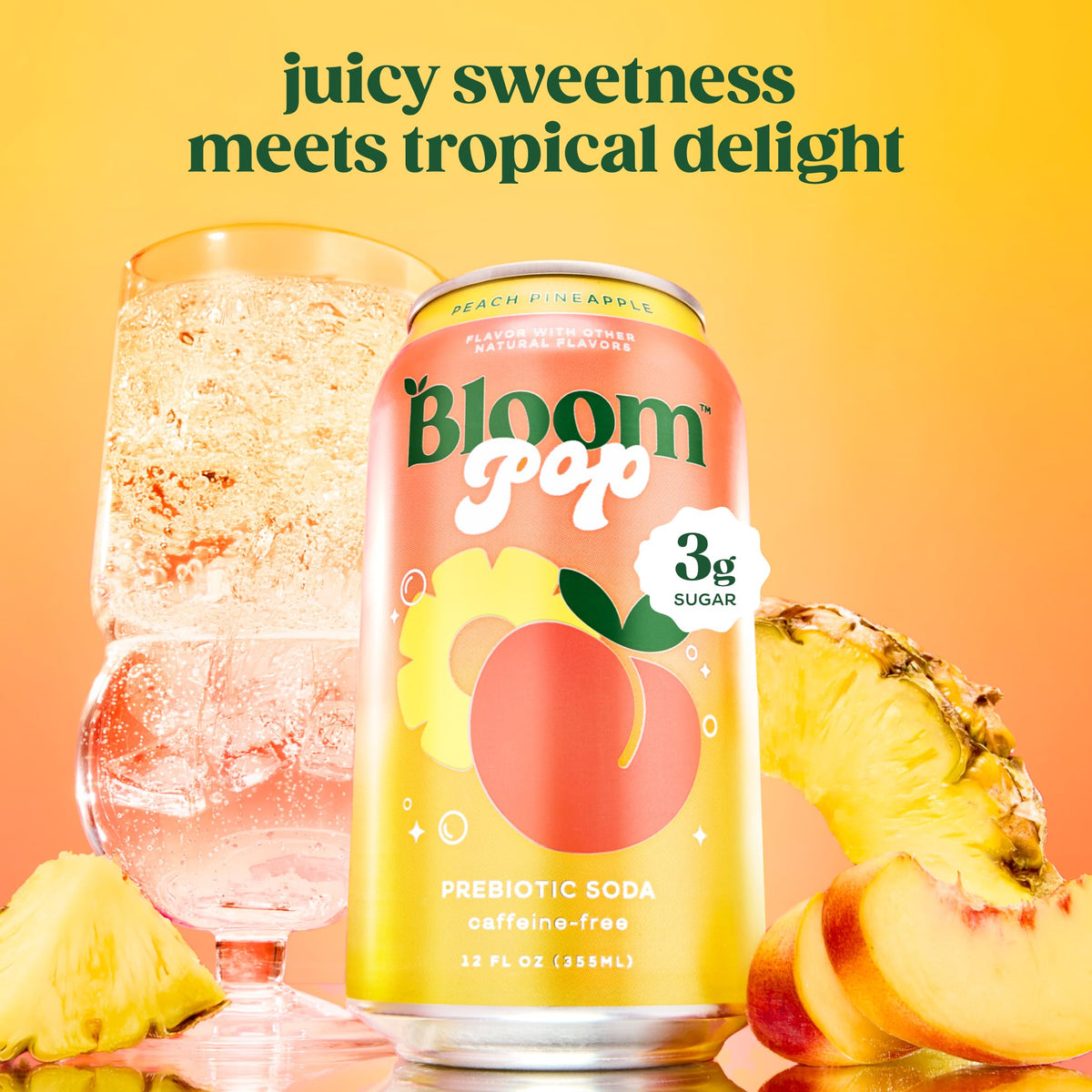 Bloom Pop prebiotic soda peach pineapple can close-up; refreshing taste