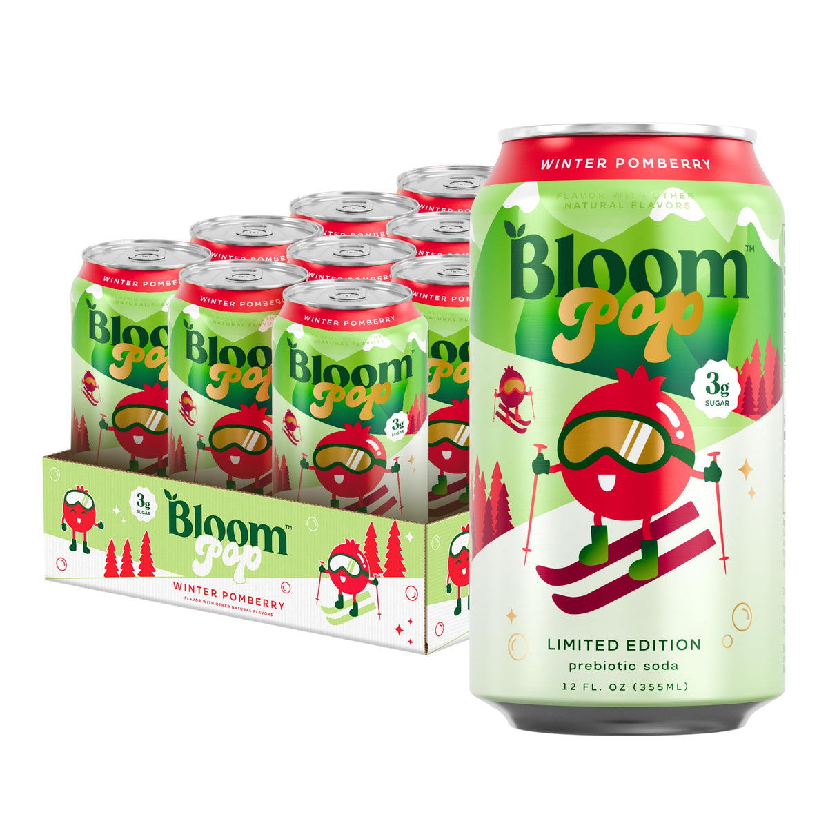 Bloom Pop prebiotic soda can front view highlighting pomberry flavor for a refreshing, gut-friendly sip