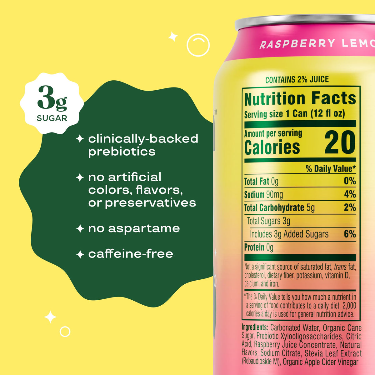 Bloom Pop Raspberry Lemonade can close-up with bright fruit imagery and caffeine-free appeal.