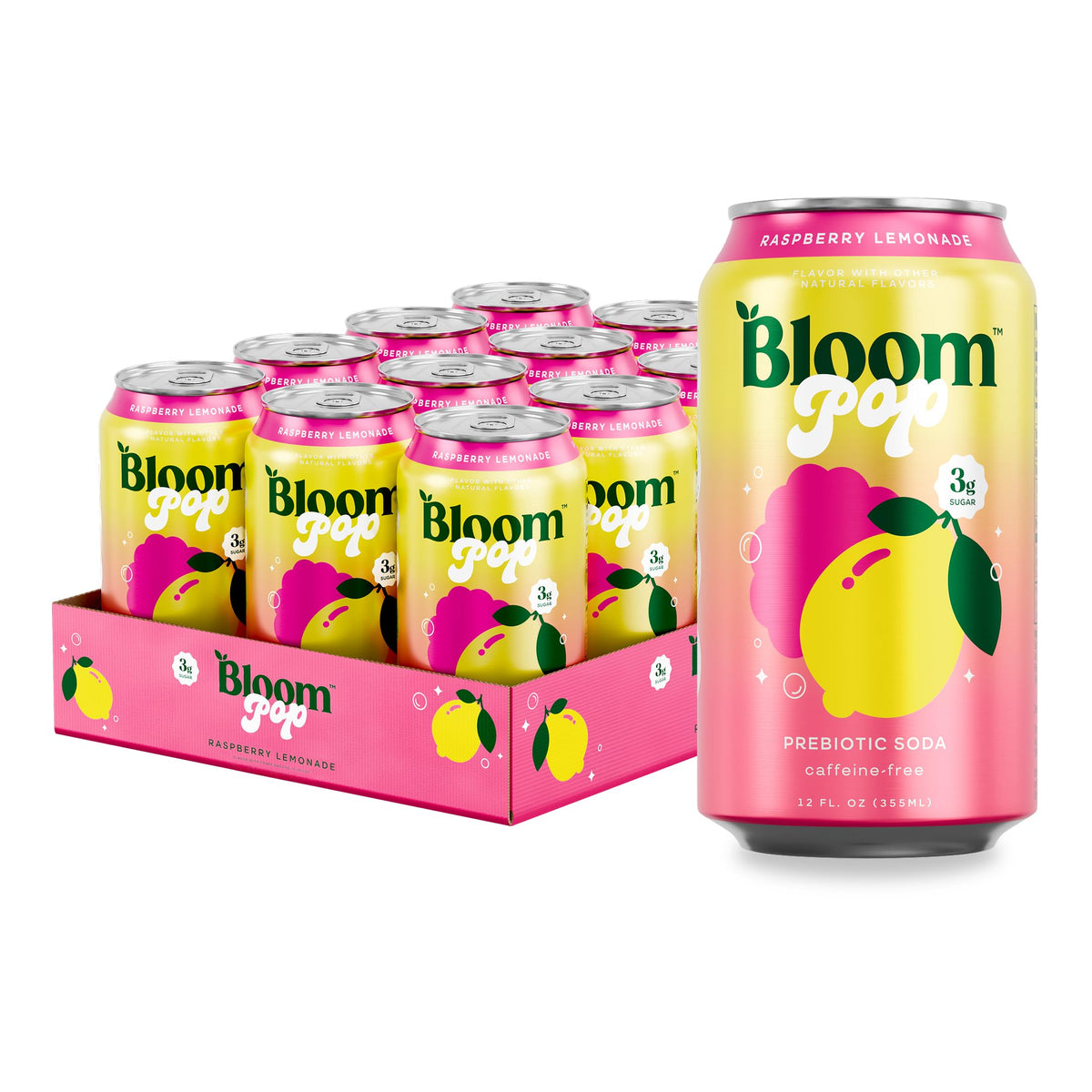Bloom Pop Raspberry Lemonade can front view, crisp, low-calorie prebiotic refreshment.