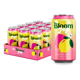 Bloom Pop Raspberry Lemonade can front view, crisp, low-calorie prebiotic refreshment.