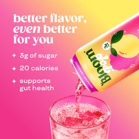 Bloom Pop Raspberry Lemonade six-pack display highlights convenient, ready-to-drink prebiotic soda.
