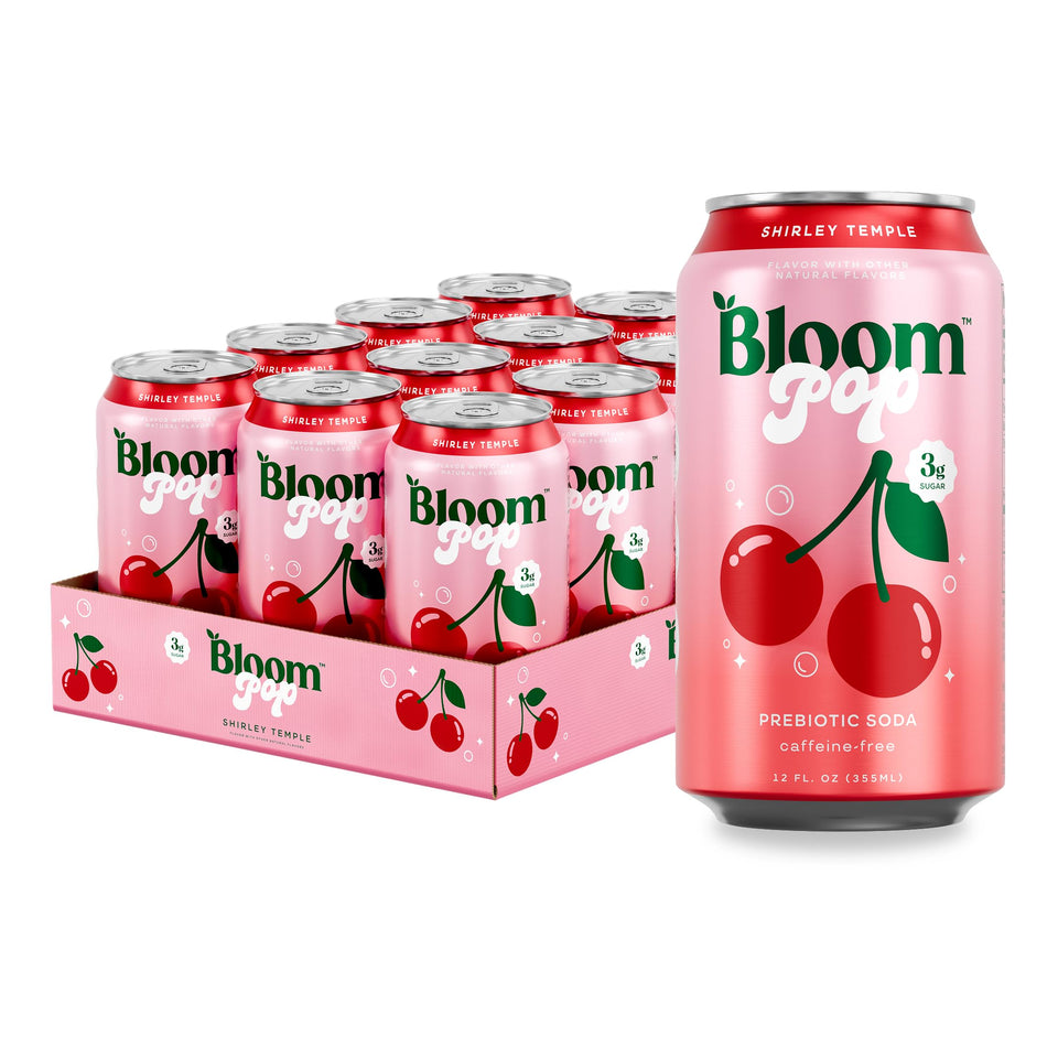 Bloom Pop Shirley Temple 12oz can with label, prebiotic soda for gut-friendly refreshment.