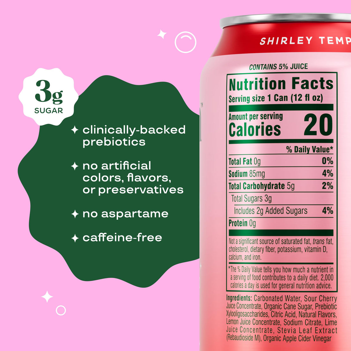 Bloom Pop Shirley Temple glass pour highlighting caffeine-free, low-calorie indulgence.