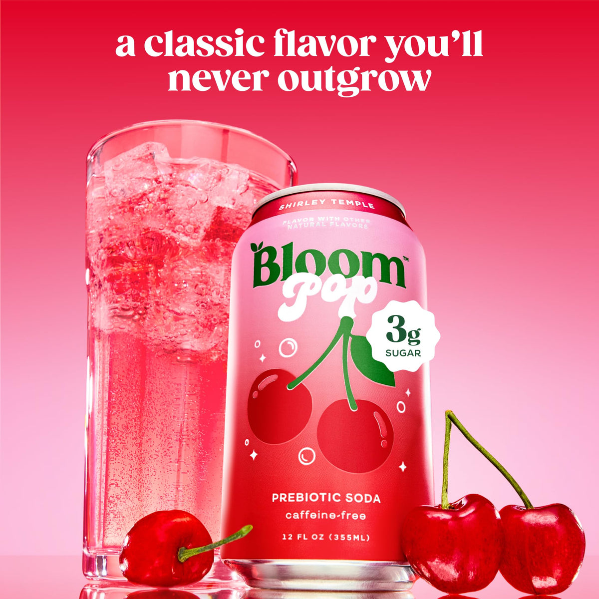 Bloom Pop Shirley Temple label closeup showcases clean ingredients and no artificial flavors.