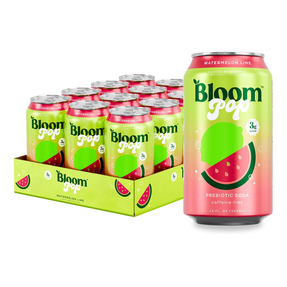 Bloom Pop Watermelon Lime can front view, crisp prebiotic refreshment.