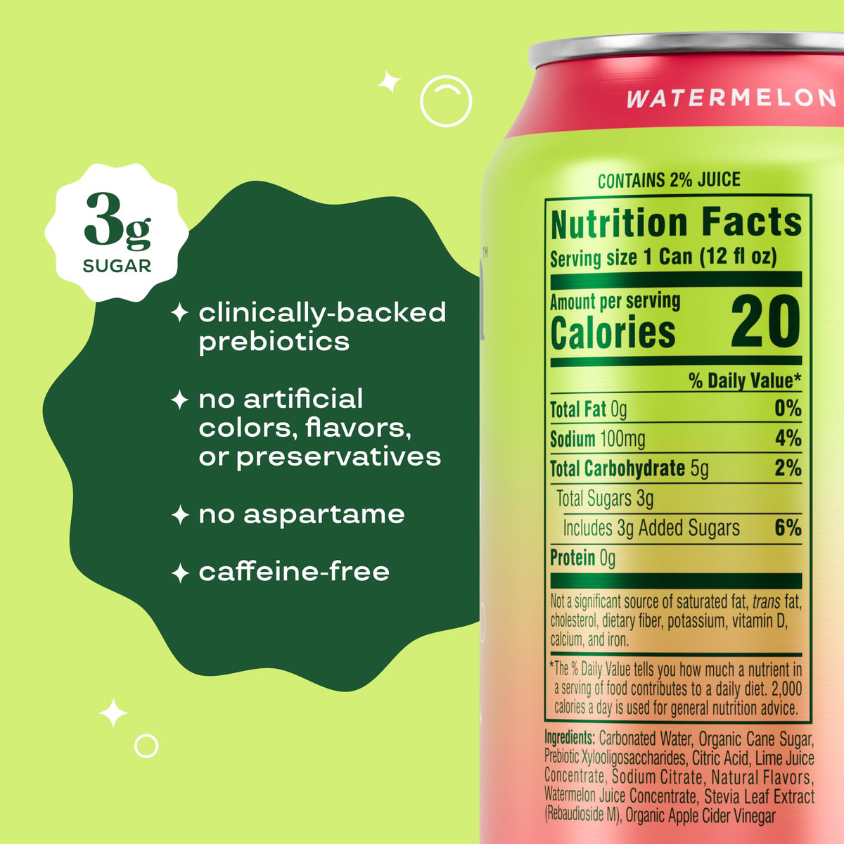 Bloom Pop Watermelon Lime can side view, low calorie option for daily sipping.