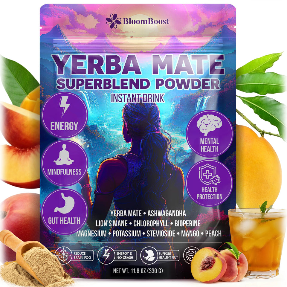 BloomBoost packaging for Yerba Mate Instant Tea signals clean energy potential.