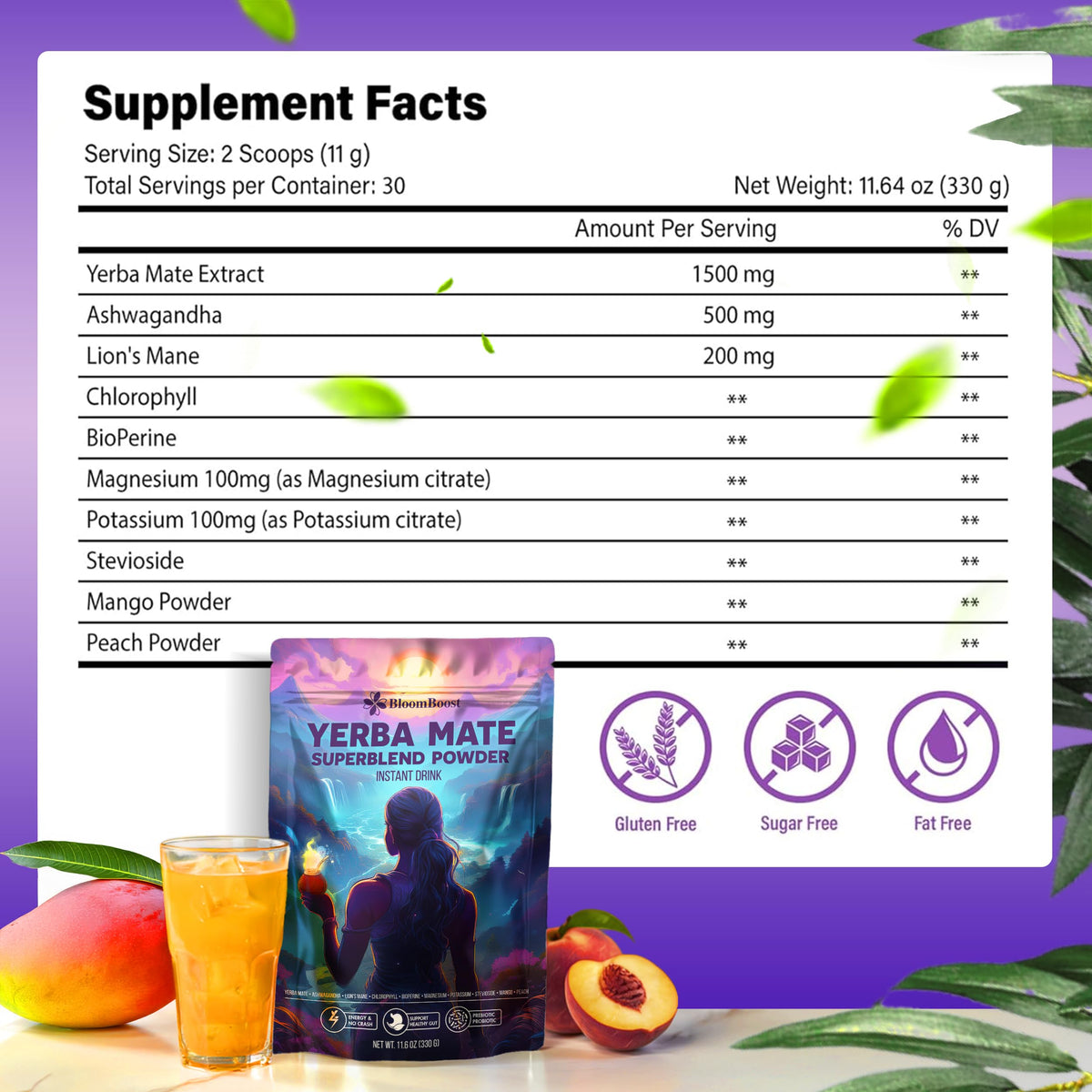 BloomBoost scoop with yerba mate powder enables quick, on-the-go energy.