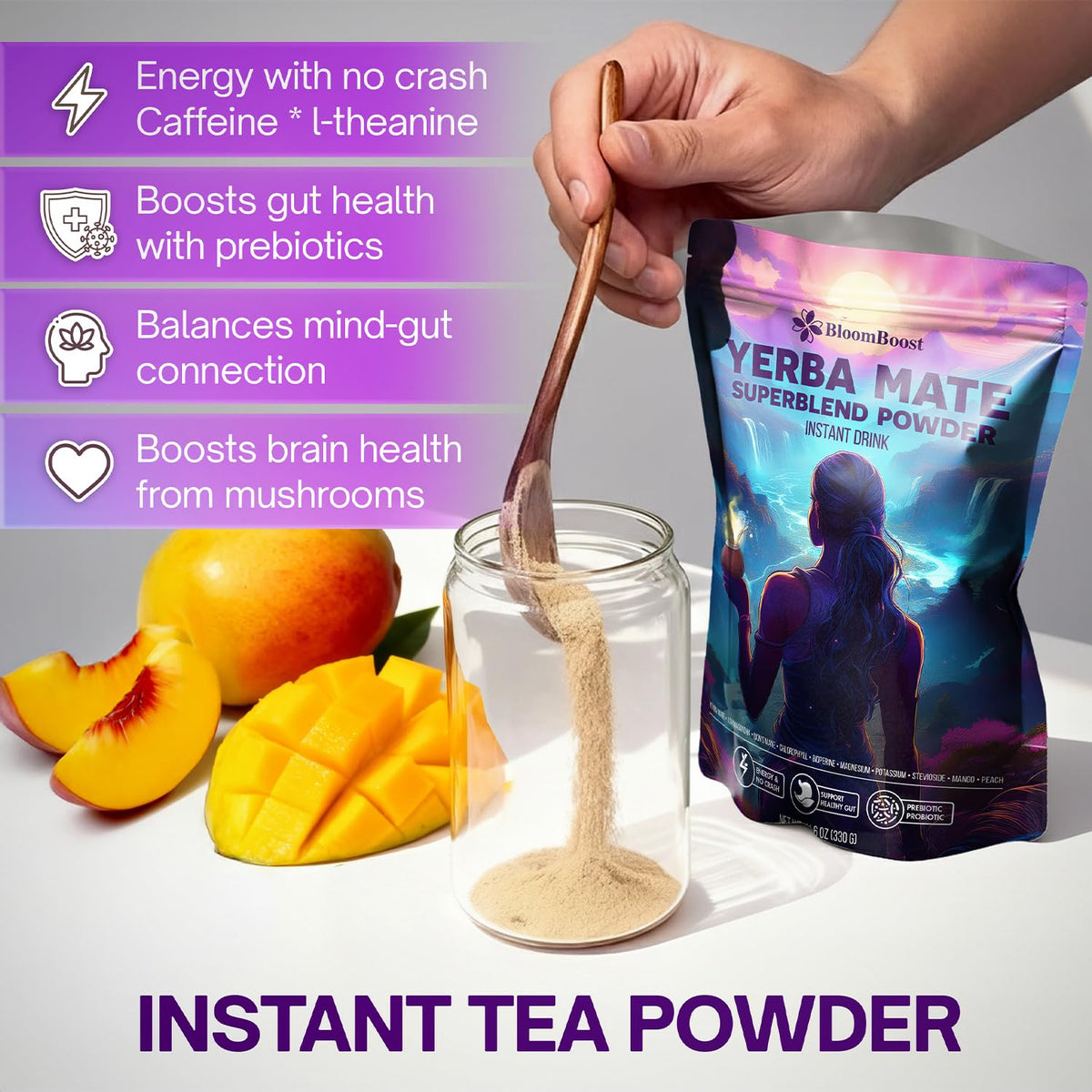 BloomBoost Yerba Mate caffeine icon suggests steady energy without crash.