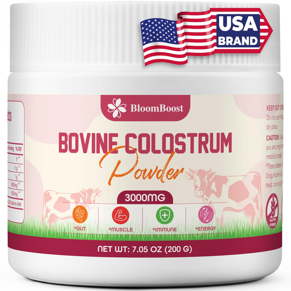 BloomBoost Bovine Colostrum packaging highlights grass-fed purity for daily wellness.