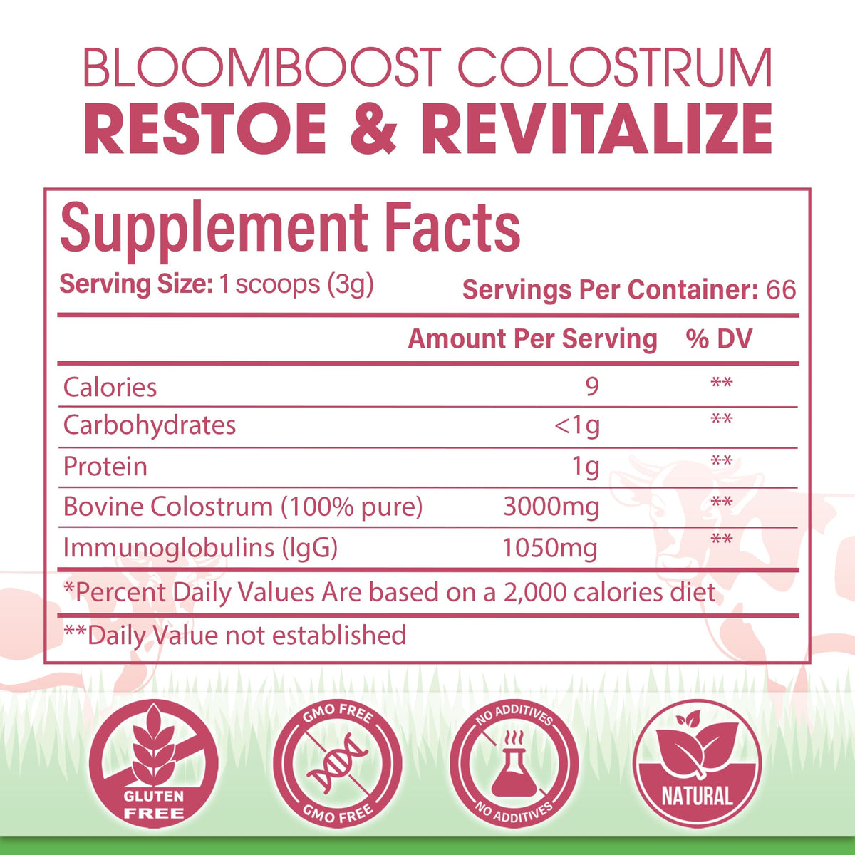 Scoop beside powder shows easy mixing into water or smoothies.