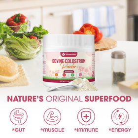 Smoothie being prepared with BloomBoost colostrum for easy daily use.