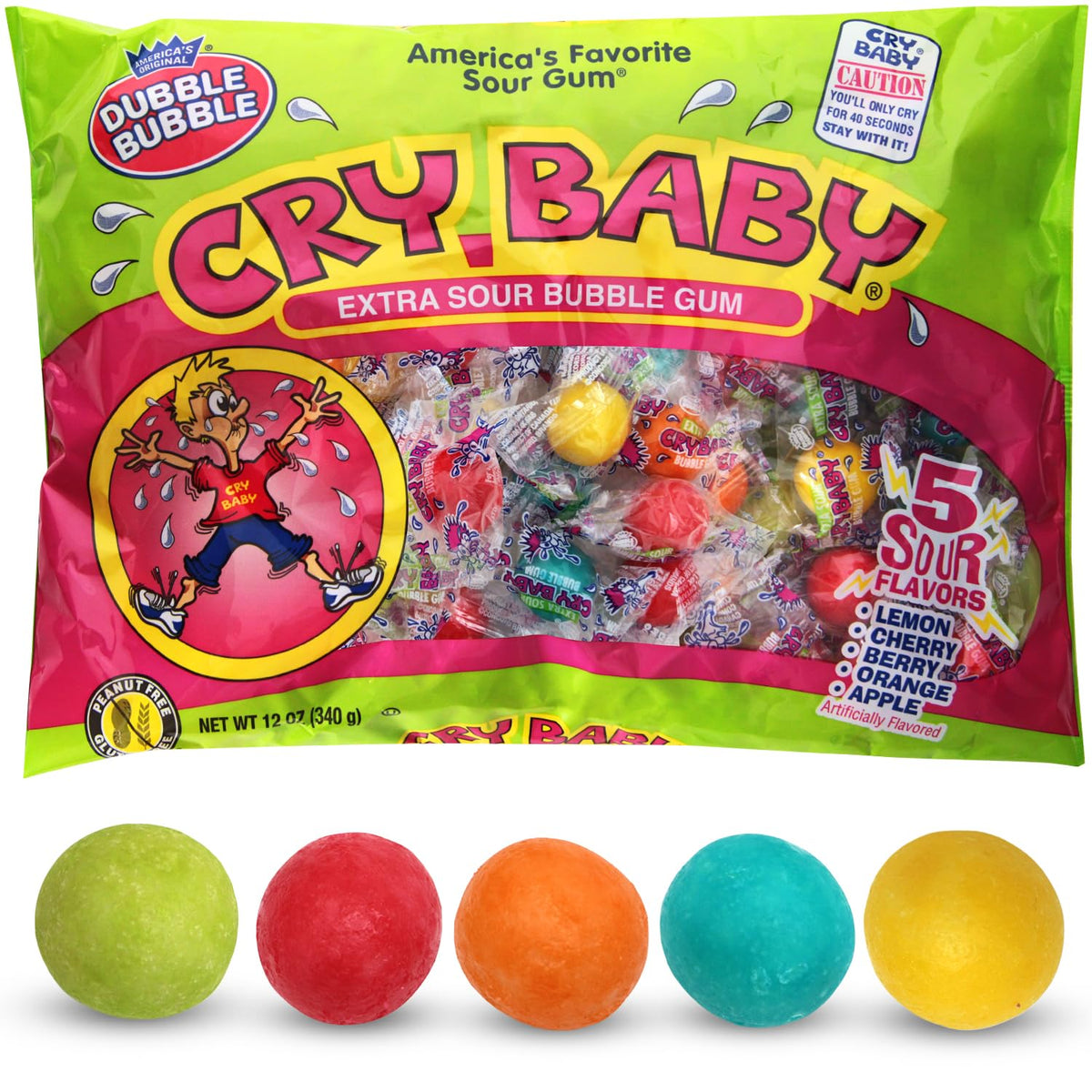 Bloom's Cry Baby Extra Sour Bubble Gum 12oz bag, individually wrapped gumballs for easy sharing.
