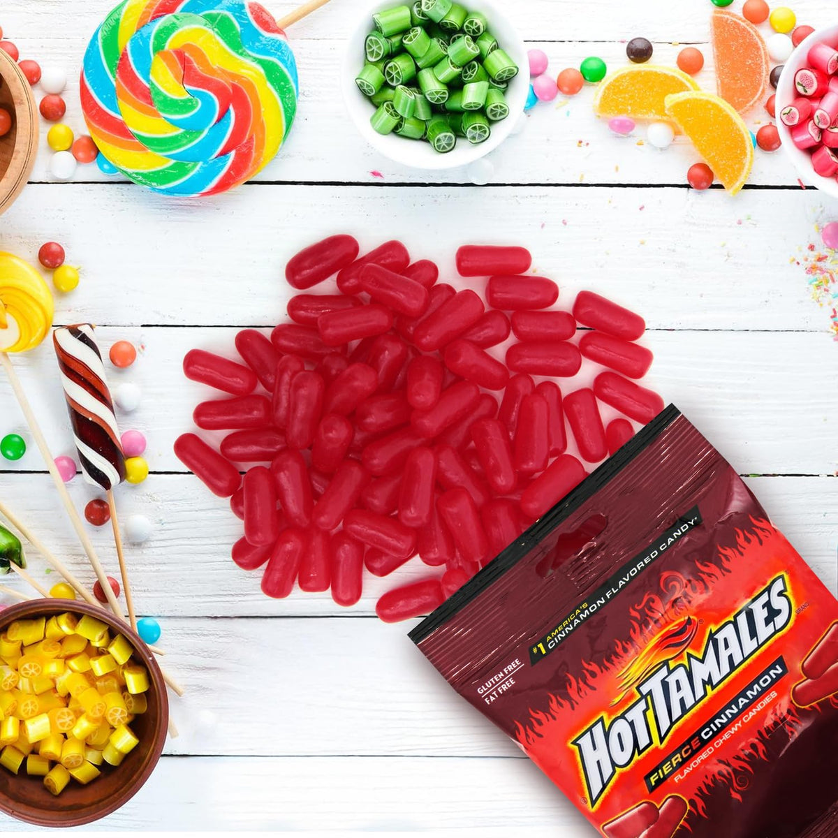 Close-up of Bloom's Hot Tamales Fierce Cinnamon Candy texture.