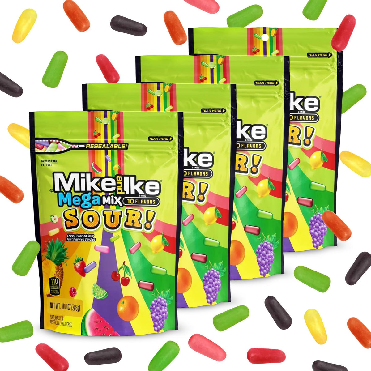 Bloom's Mike and Ike Mega Mix Sour Candy four-pack ideal for movie nights