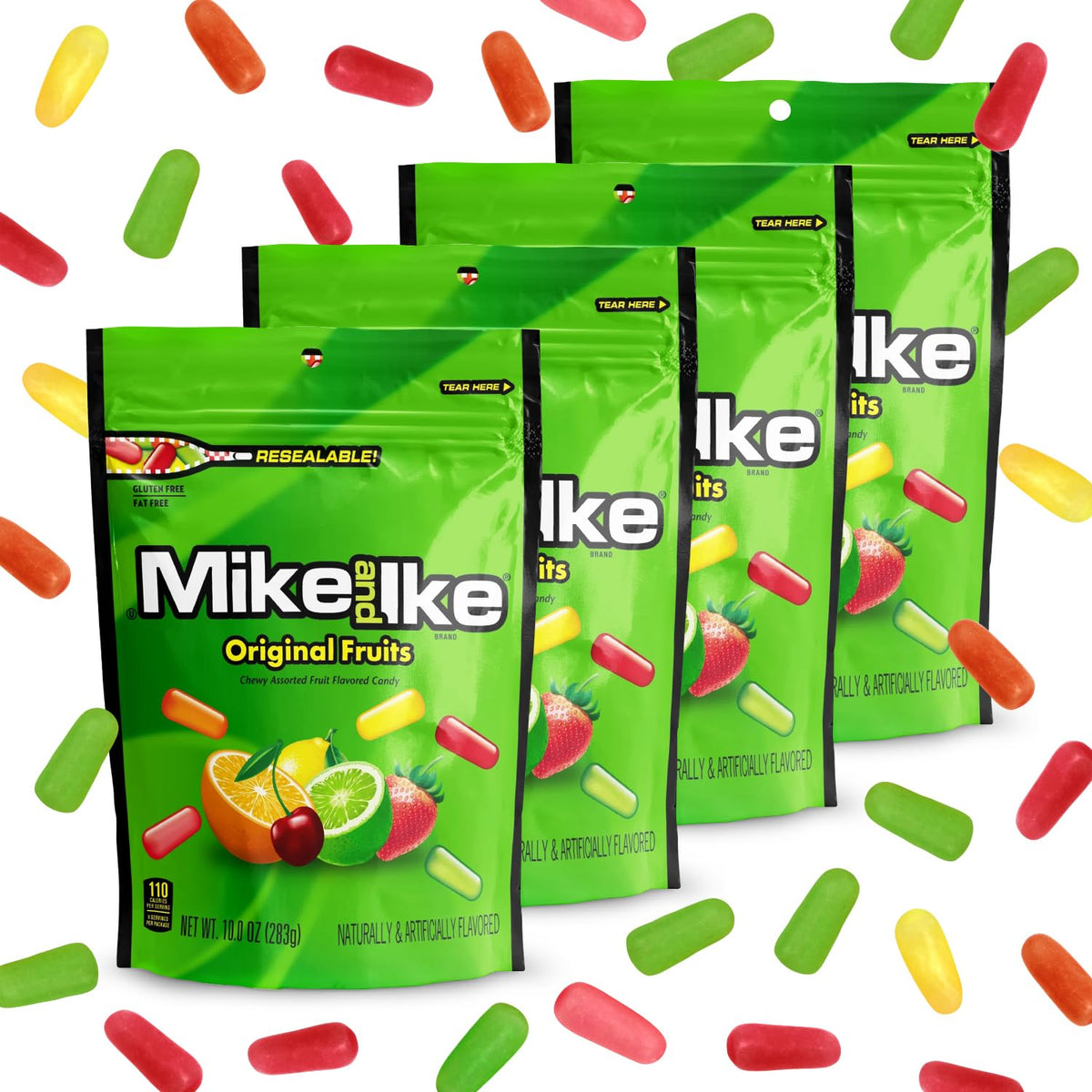 Close-up of chewy Mike and Ike Original Fruits candies with bright colors.