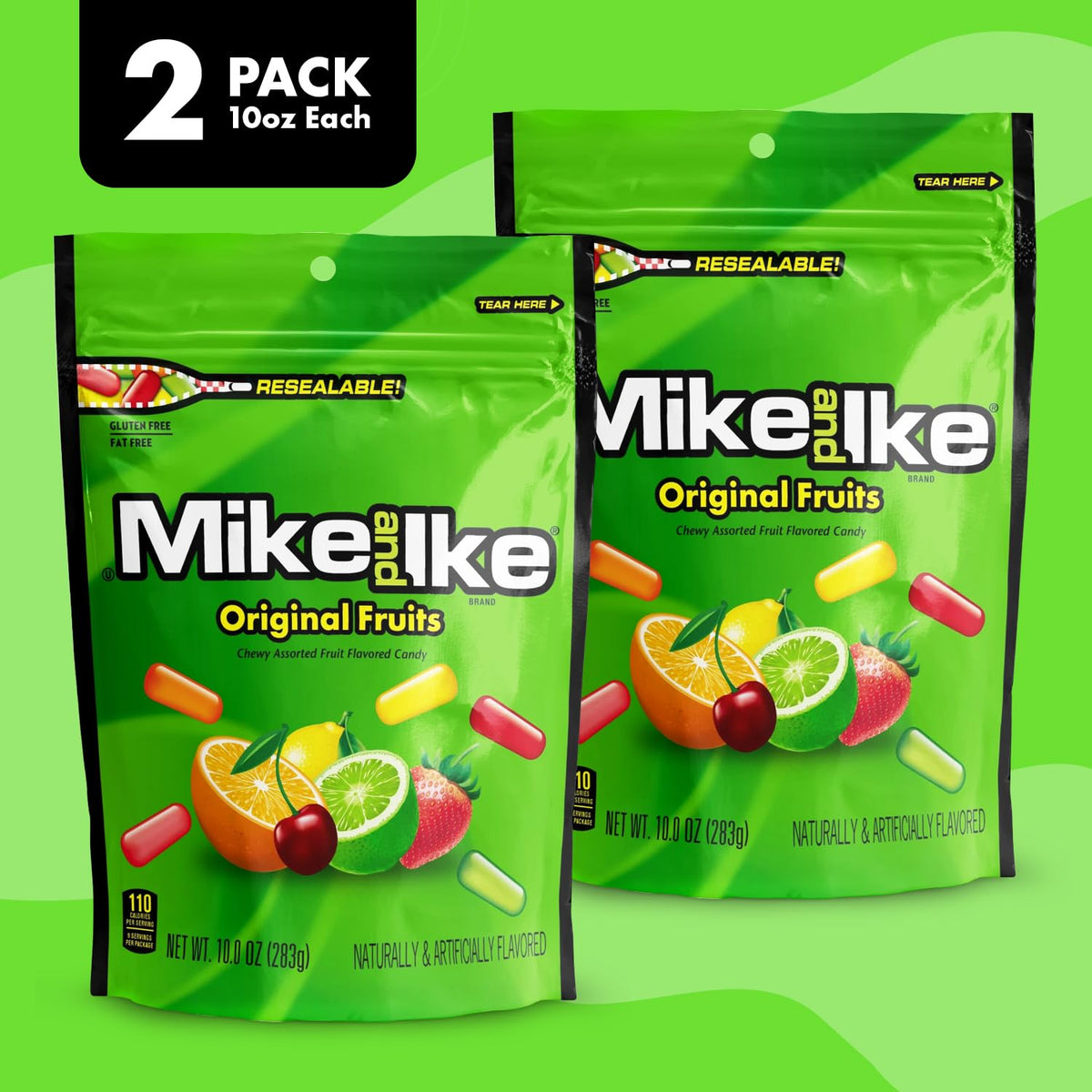 Bloom's Mike and Ike Original Fruits packaging close-up, highlights vibrant fruity flavors.