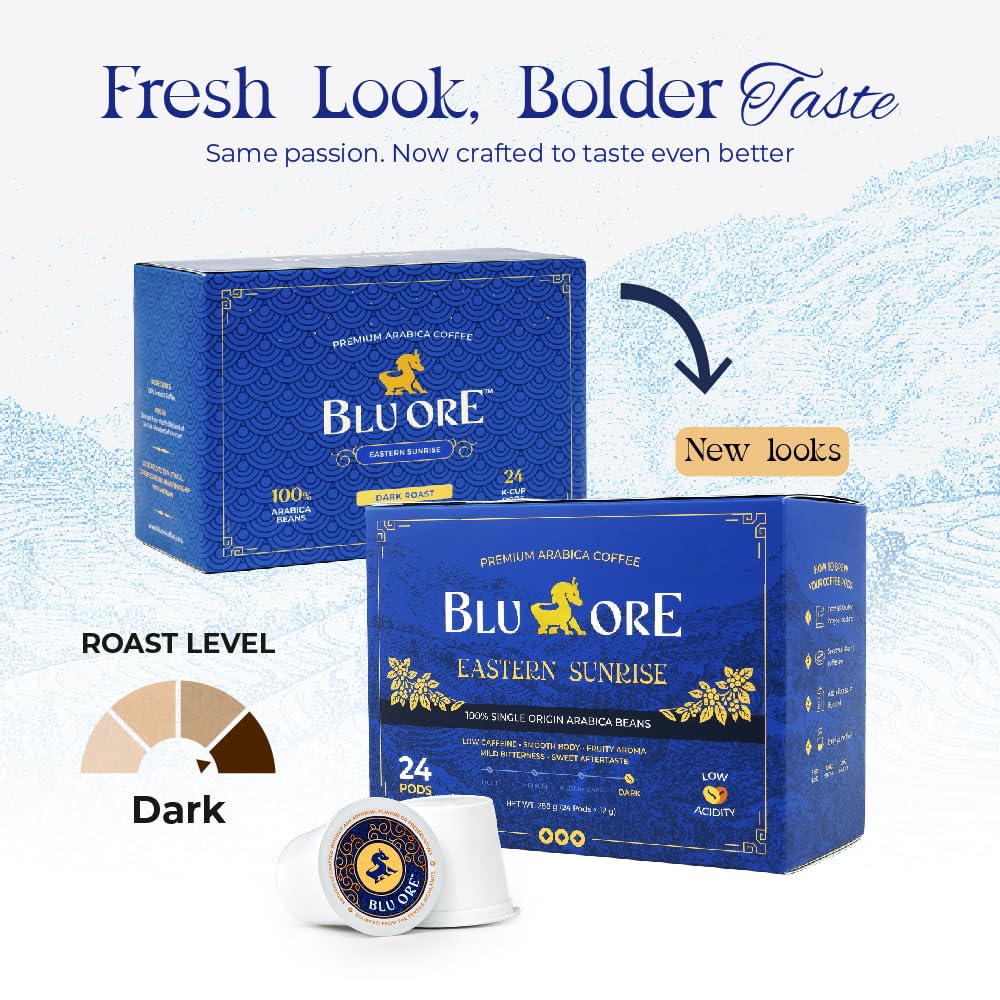 Blu Ore 100% Arabica coffee pods highlighting smooth, aromatic brew possibilities.