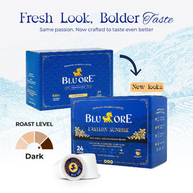 Blu Ore 100% Arabica coffee pods highlighting smooth, aromatic brew possibilities.