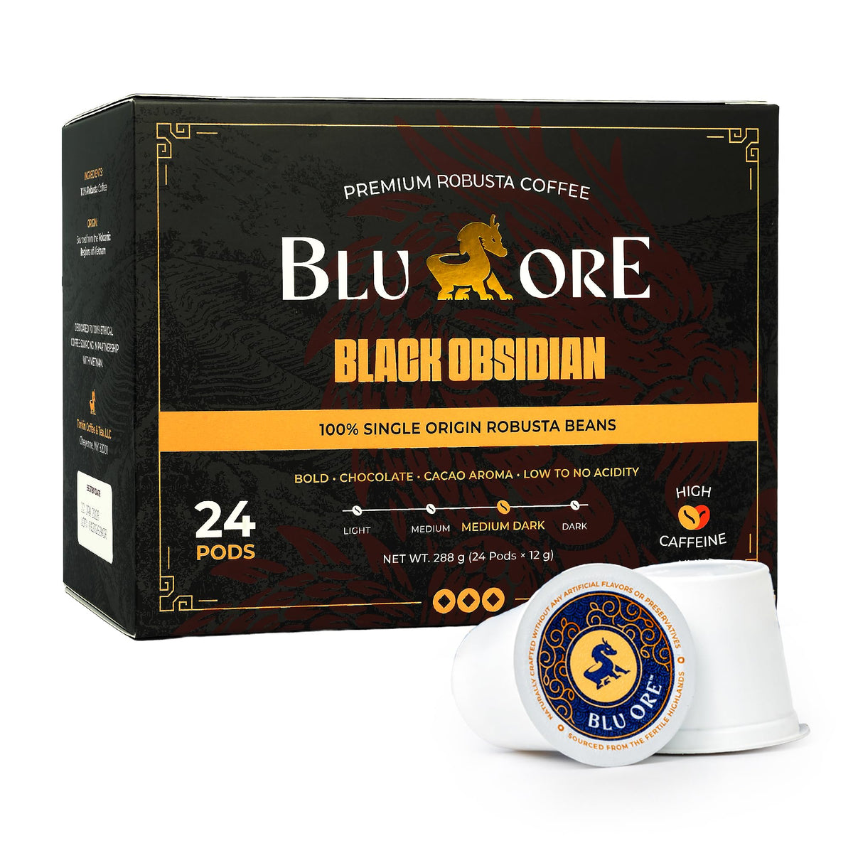 Blu Ore Black Obsidian K-Cup pod closeup highlighting bold aroma