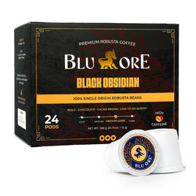 Blu Ore Black Obsidian K-Cup pod closeup highlighting bold aroma