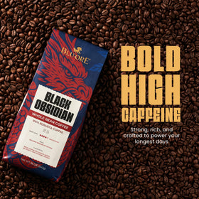 Blu Ore Black Obsidian Robusta bag back with roast details and origin.