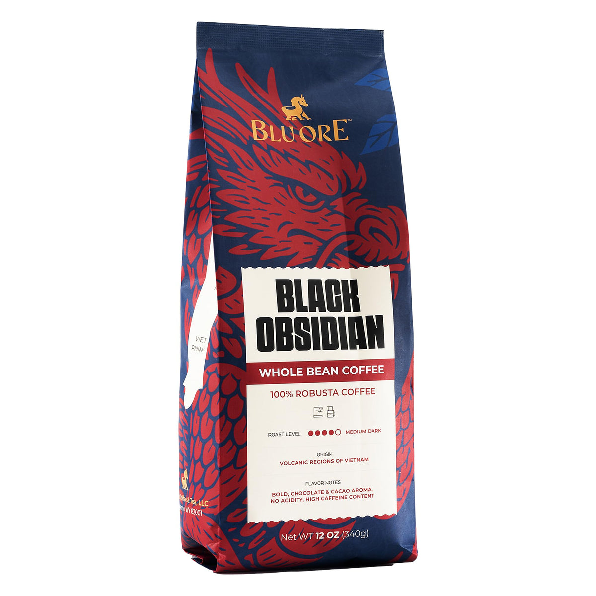 Blu Ore Black Obsidian Robusta bag front showing premium Vietnamese packaging for bold espresso.